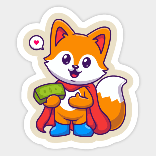 Cute Fox Super Hero Holding Money Cartoon Sticker